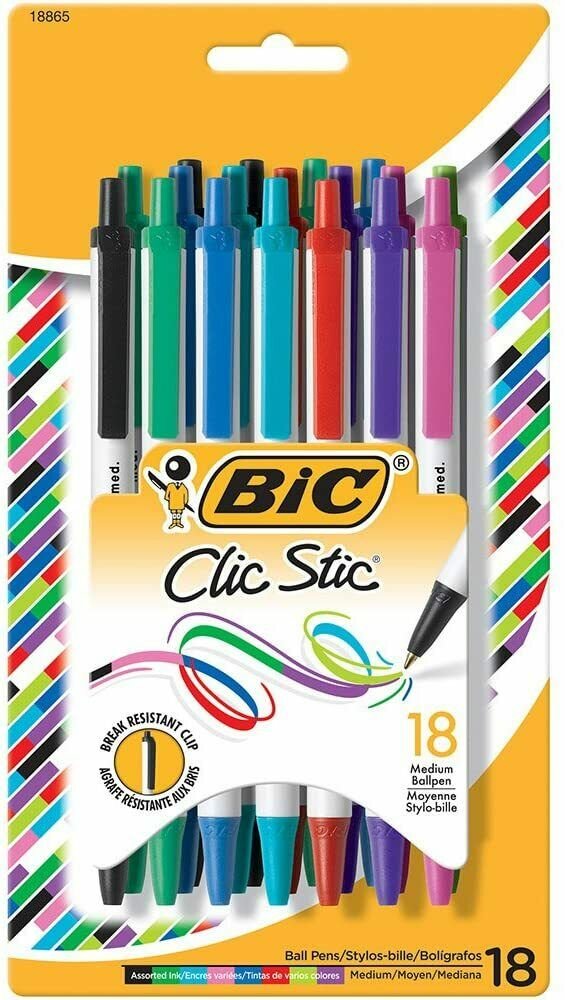 BIC Clic Stic Retractable Ballpoint Pen Medium Point Assorted Colors - 18 Pens