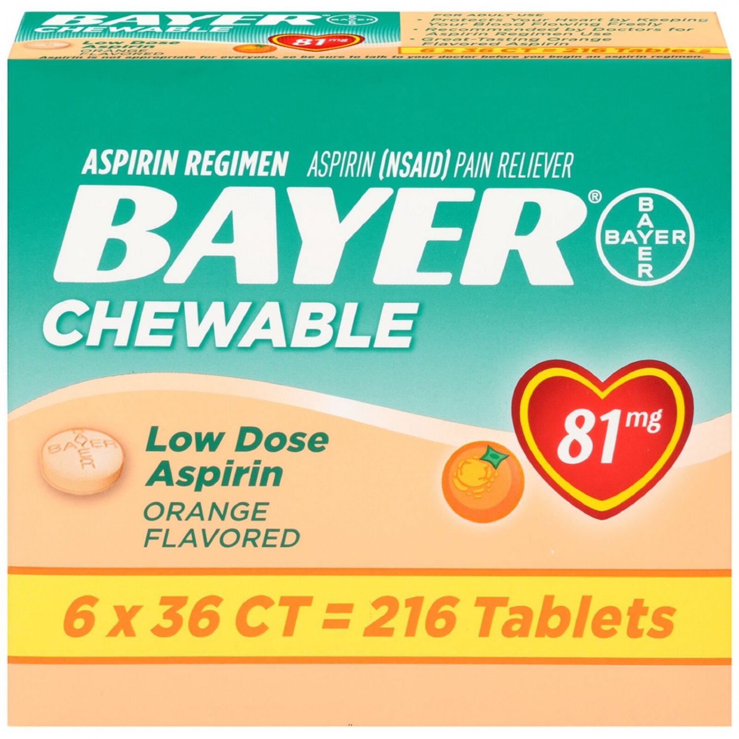 Bayer Chewable Low Dose Aspirin Orange Flavored - 216 Tablets