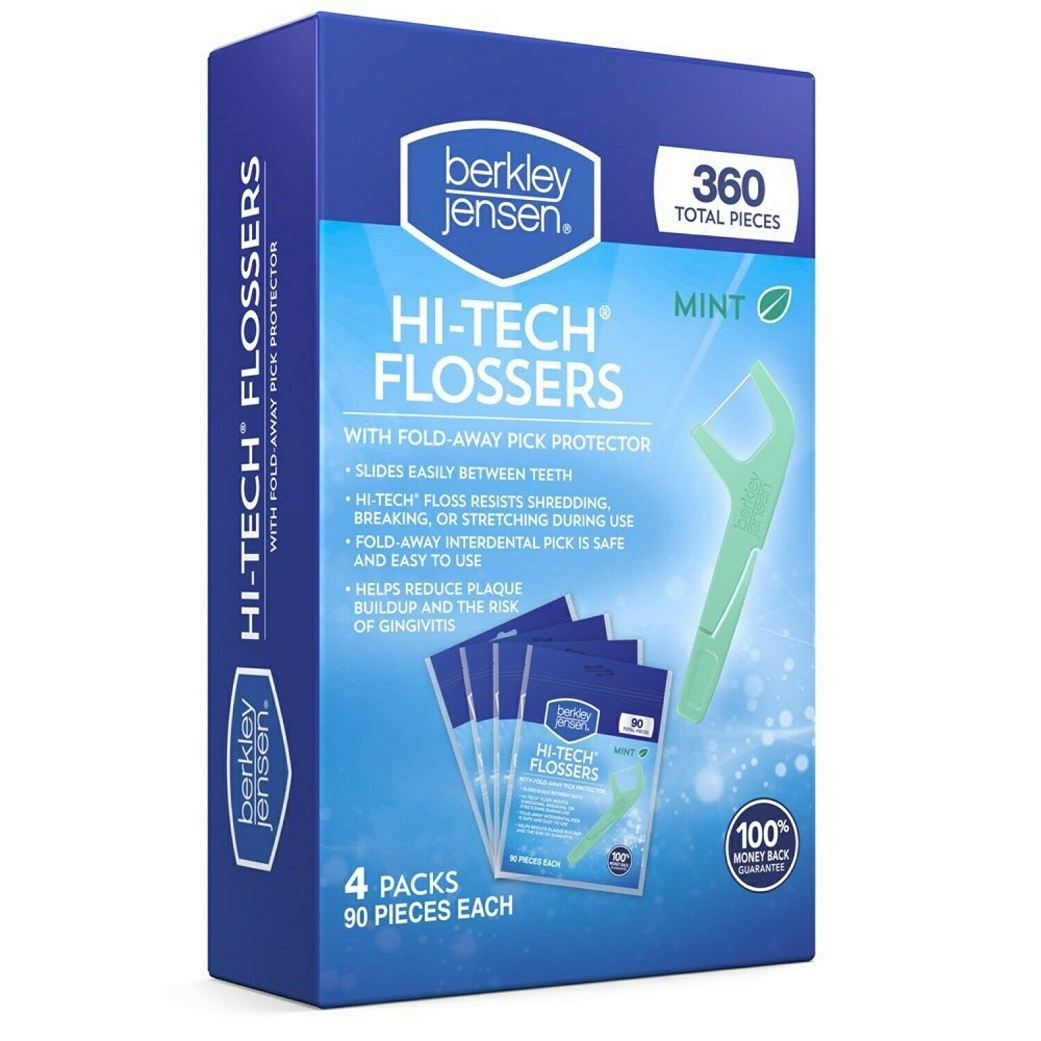 Berkley Jensen  Hi-Tech Flossers Mint 4 Packs 90 Pieces Each - 360 Total Pieces