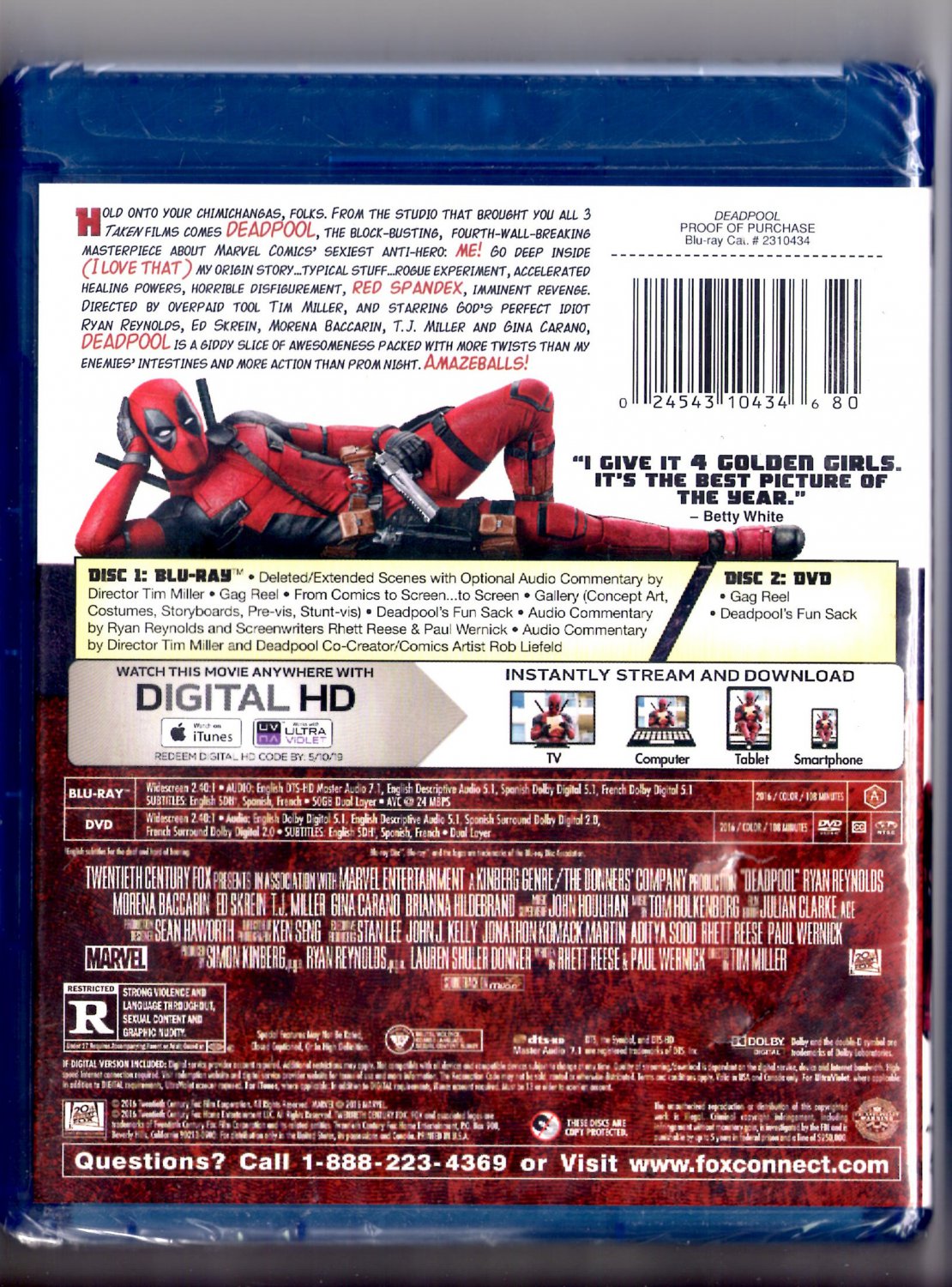 Deadpool Blu-ray + DVD + Digital HD Action/Superhero Ryan Reynolds ...