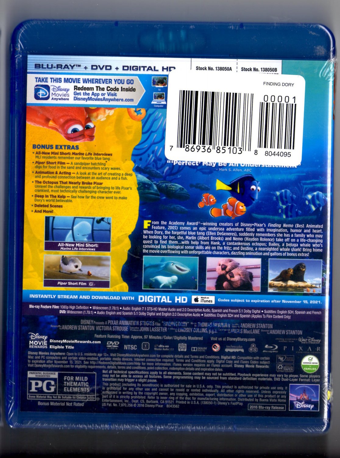 Disney's Pixar Finding Dory Blu-ray + DVD + Digital HD Family/Animated ...