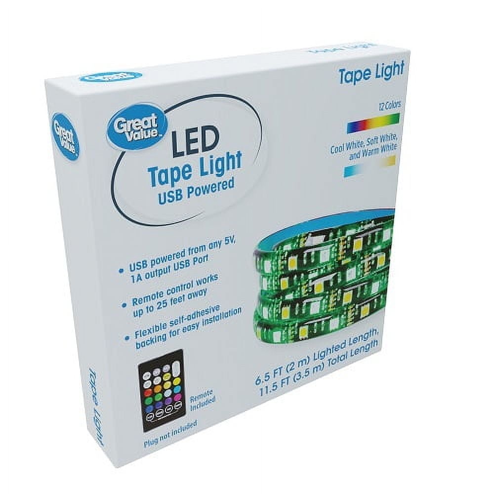 Great Value 6.5FT USB Powered Adjustable White & Multi-Colored RGB LED Tape Light with Remote