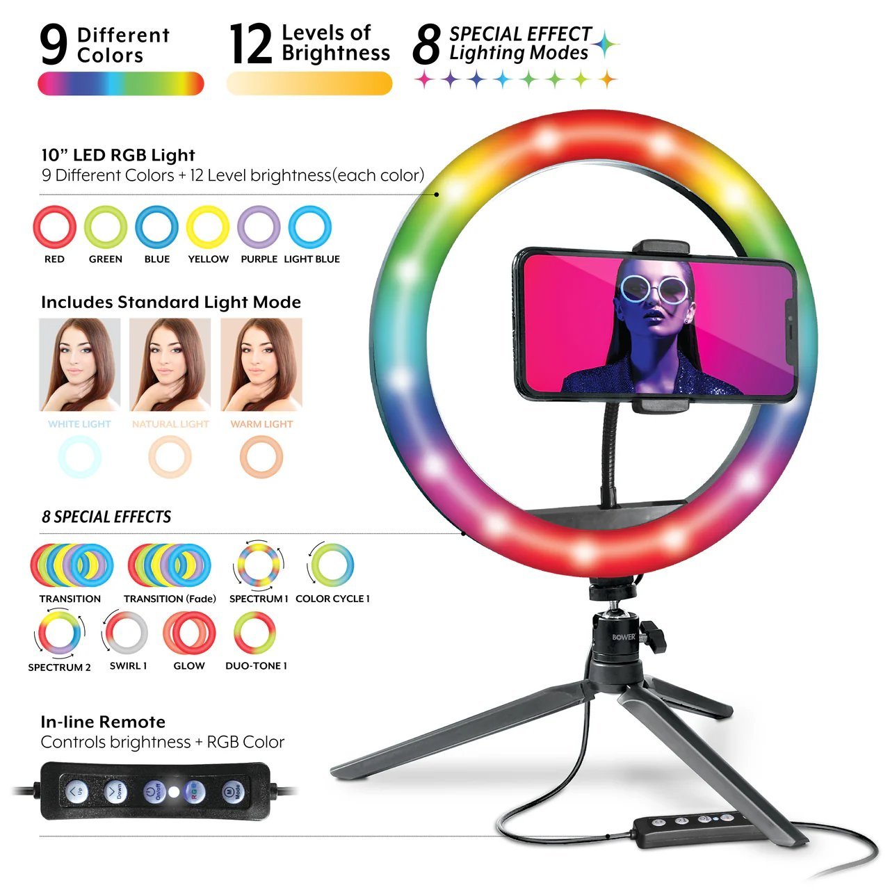 Bower 10" RGB Selfie Ring Light Studio Kit