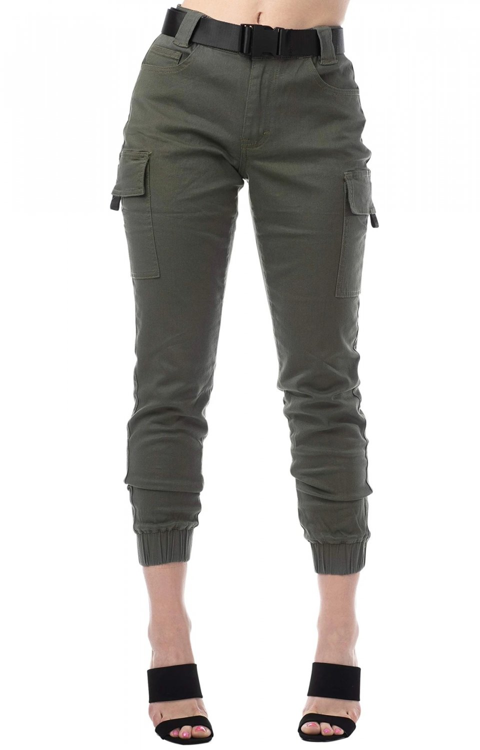 Almost Famous Women’s Juniors Web Belted Cargo Jogger Pant, Olive Green ...