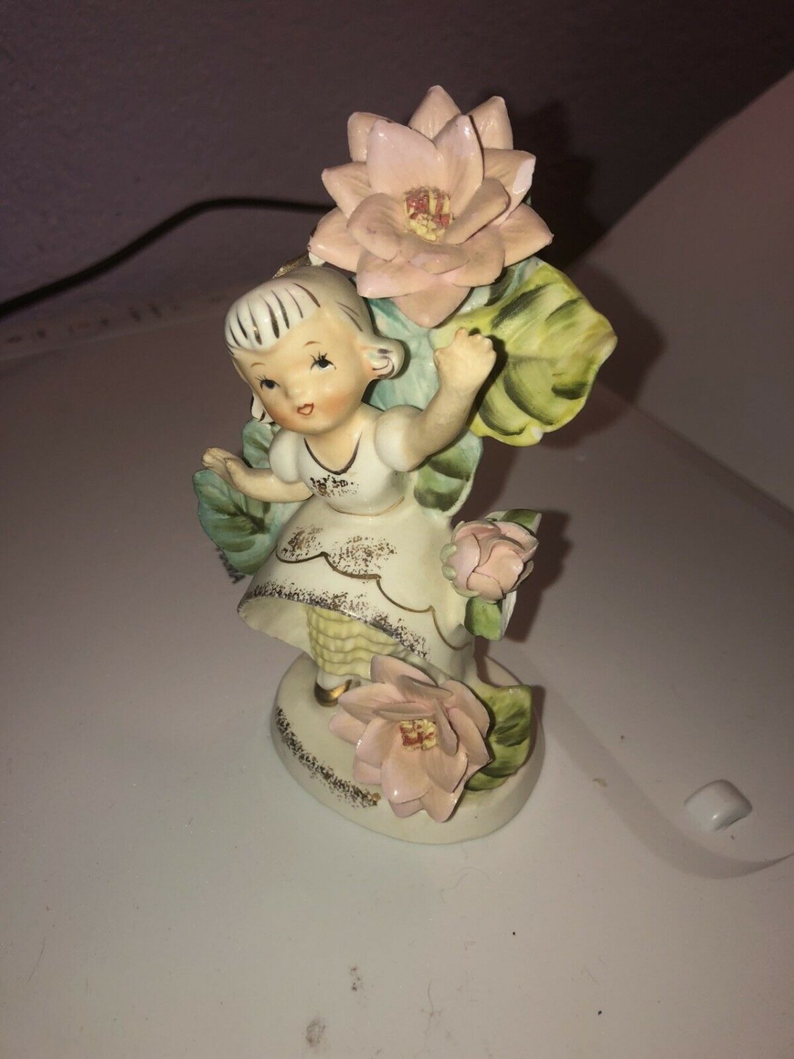 Vintage Lefton hand Painted china July Flower Bloomer Girl Angel #985