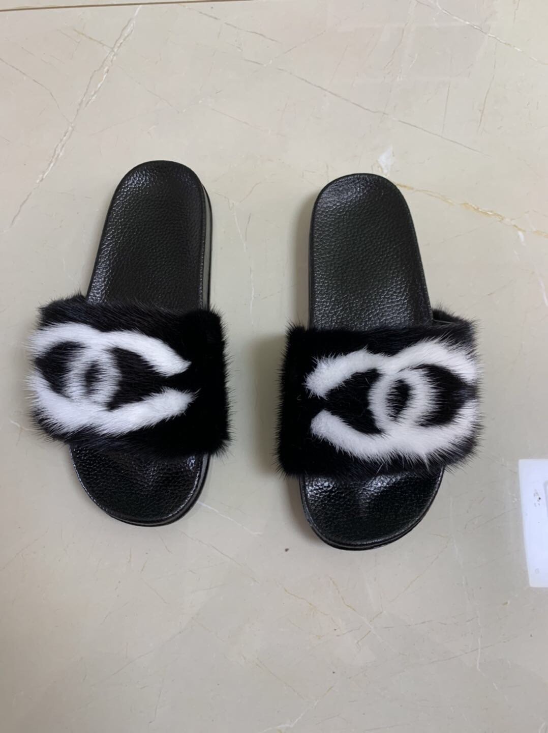 Black and White CC Fur Slides