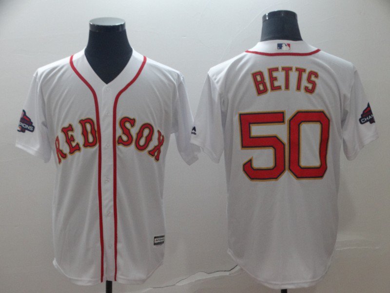 Boston Red Sox 50 Mookie Betts White 2019 Gold Program Cool Base Jersey