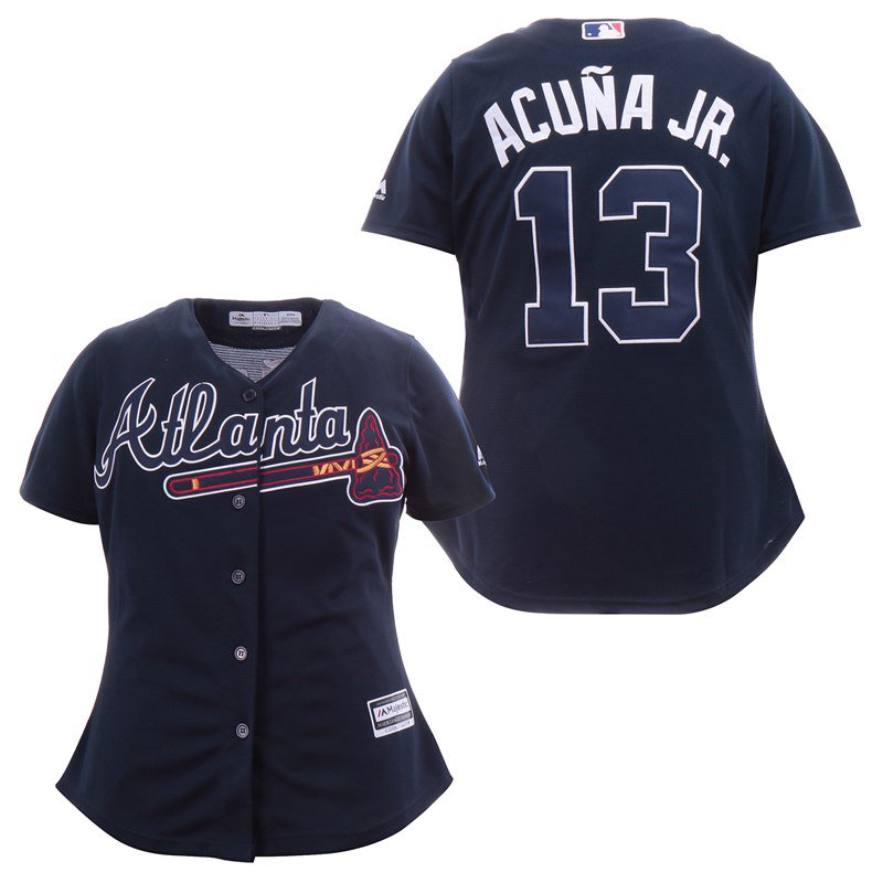 Atlanta Braves 13 Ronald Acuna Jr. Womens Baseball Jersey Navy Blue