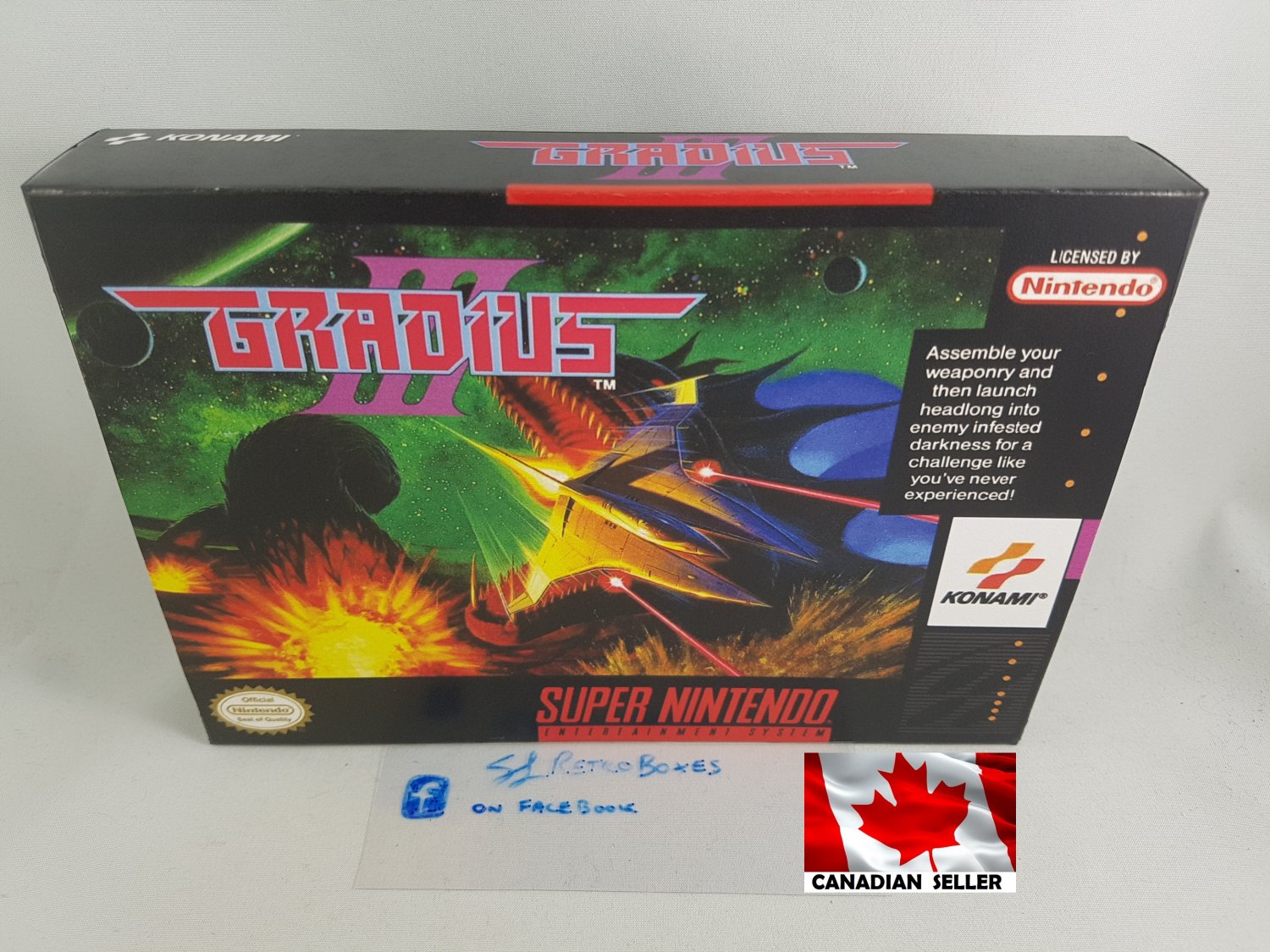 GRADIUS 3 - SNES, Super Nintendo Custom Replacement Box optional w/ Insert Tray & PVC Protector