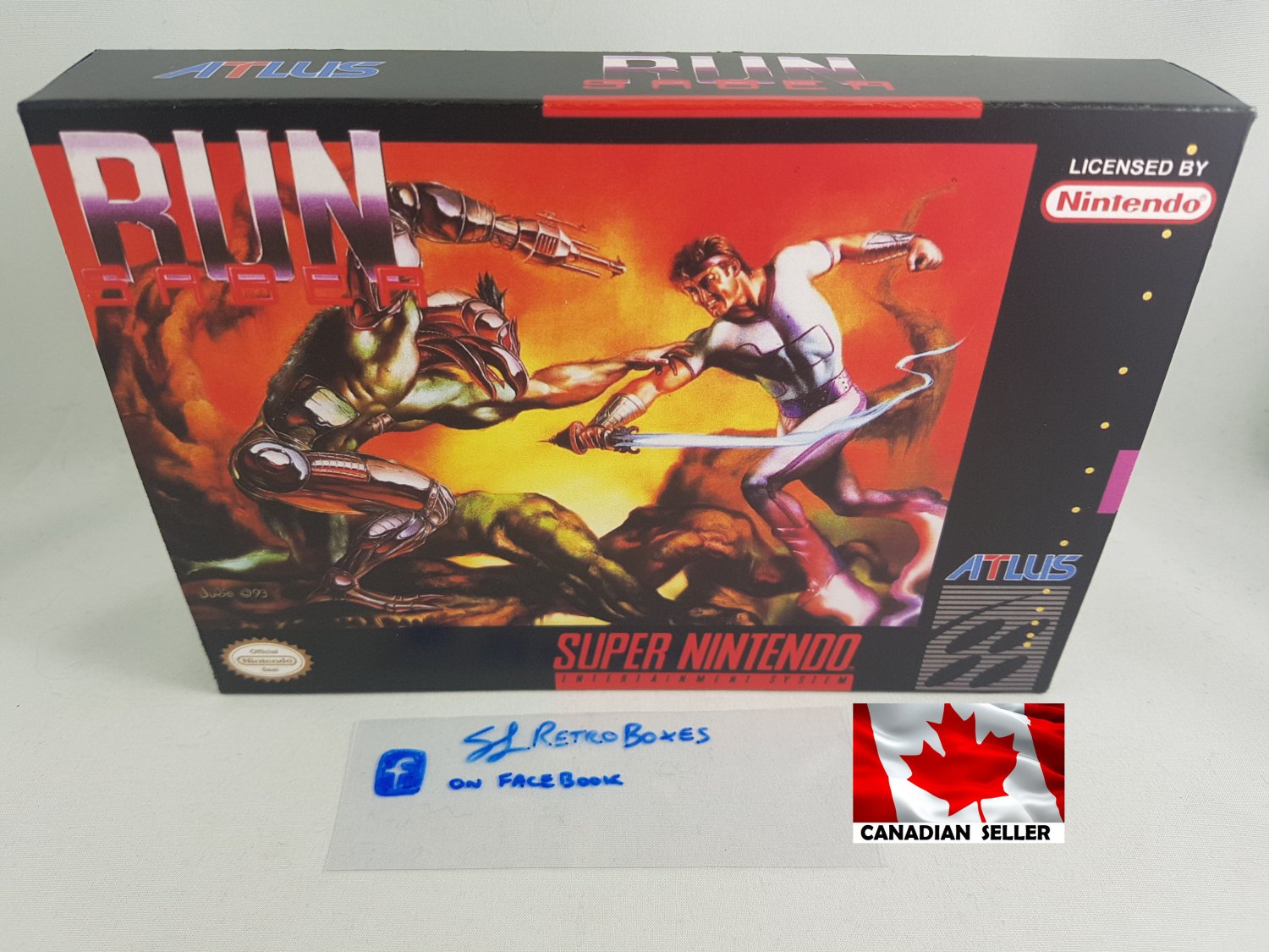RUN SABER - SNES, Super Nintendo Custom replacement Box optional w/ Insert Tray & PVC ProtecT
