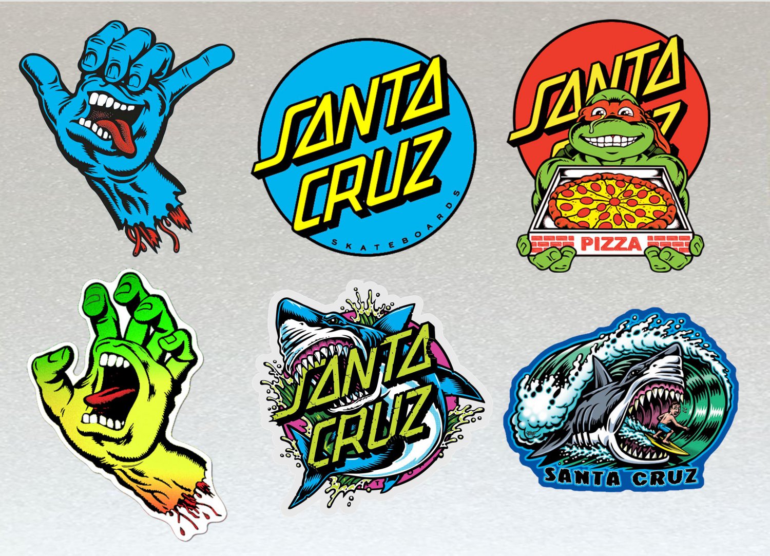 Santa Cruz V2 Board Stickers Set X6 Includes Turtles, Sharks & Hands, Unique Set