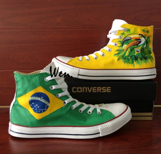 Brazil Flag Hand Painted Shoes Design Bird Green-Winged Macaw Converse All Star Sneakers