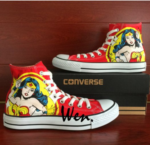 Classic Red High Top Converse Shoes Design Wonder Woman Hand Painted Canvas Sneakers