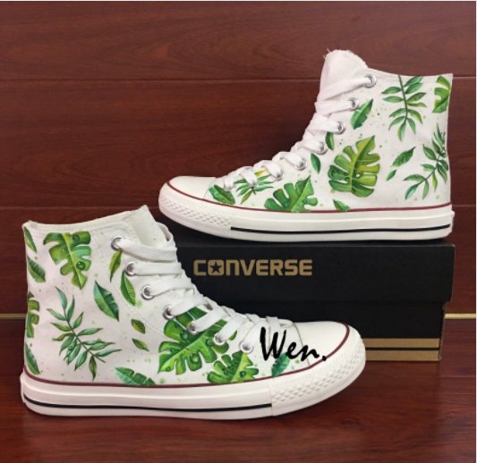 Green Leaves Hand Painted Shoes White Canvas Converse All Star Unisex High Top Chuck Sneakers