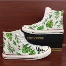Green Leaves Hand Painted Shoes White Canvas Converse All Star Unisex High Top Chuck Sneakers