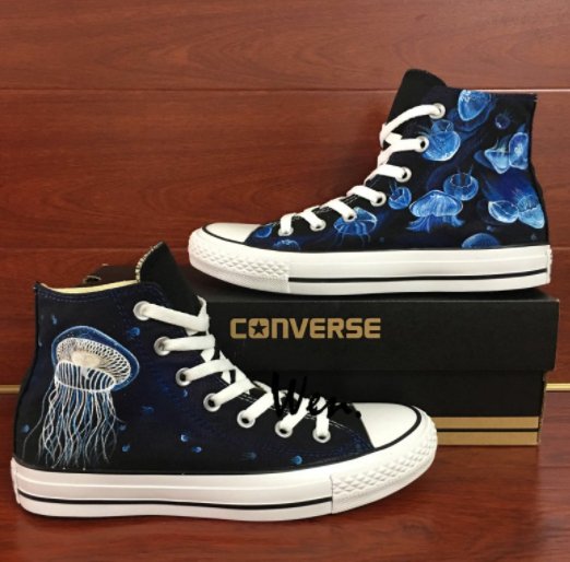 Jellyfish Hand Painted Black Canvas Sneakers Original Design Graffiti Shoes Converse