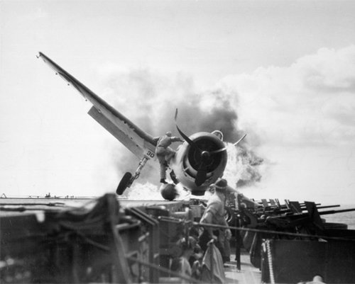 Hellcat Crash Landing on USS Enterprise's CV-6 Flight Deck Photo