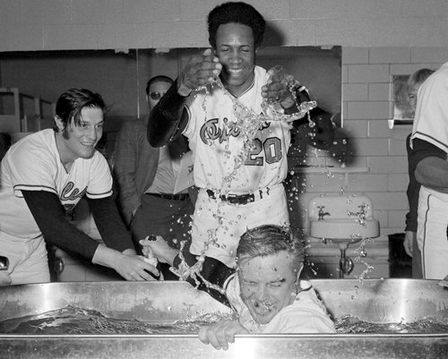 Baltimore Orioles Pete Richert, Frank Robinson, and Earl Weaver Celebrate ALC  October 6, 1970 Photo