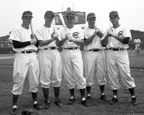 Chicago Cubs Metkovich, Pollet, Kinner, unidentified, and Church 1953 Photo