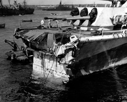USS Pittsburgh CA-72 Missing Bow After Typhoon 1945 Photo