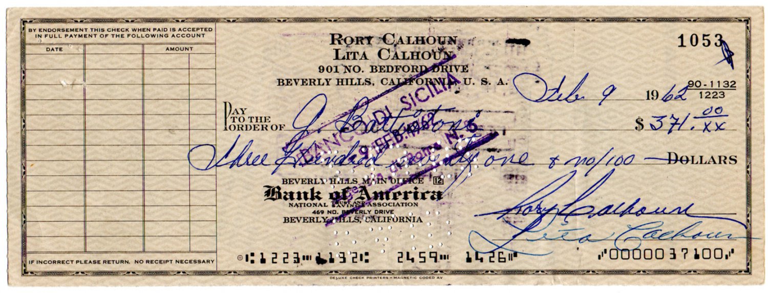 Rory Calhoun Signed 1962 Check PSA Authenticated!