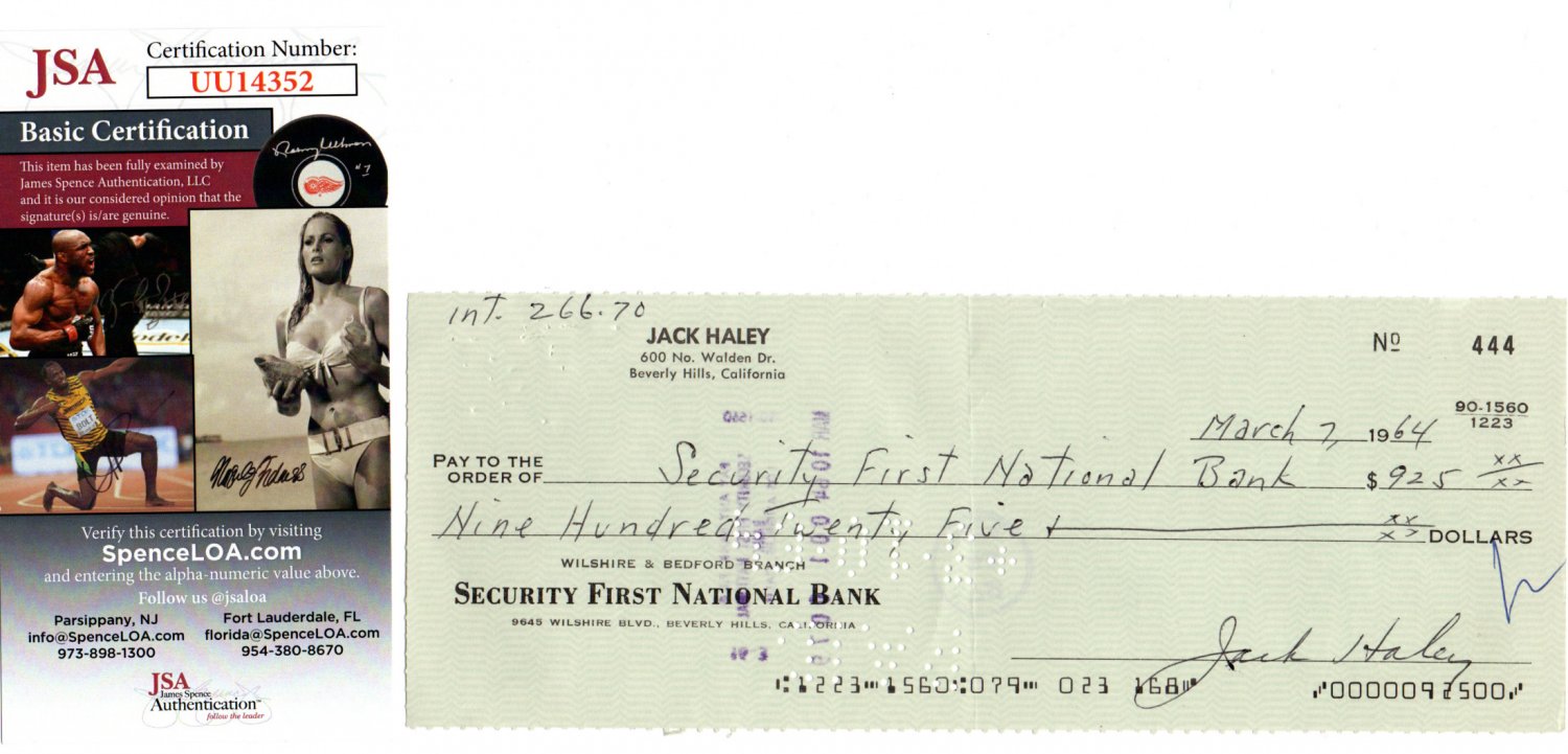 Check Signed By Jack Haley Wizard of Oz Tin Man, JSA Authenticated!