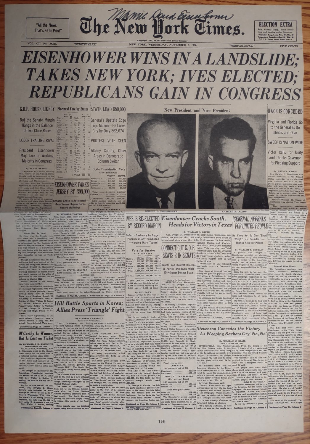 First Lady Mamie Eisenhower Signed Reproduction Newspaper JSA Authenticated!