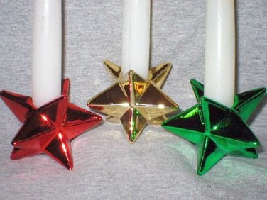 Three Christmas Holiday Metallic Star Taper Candle Holders