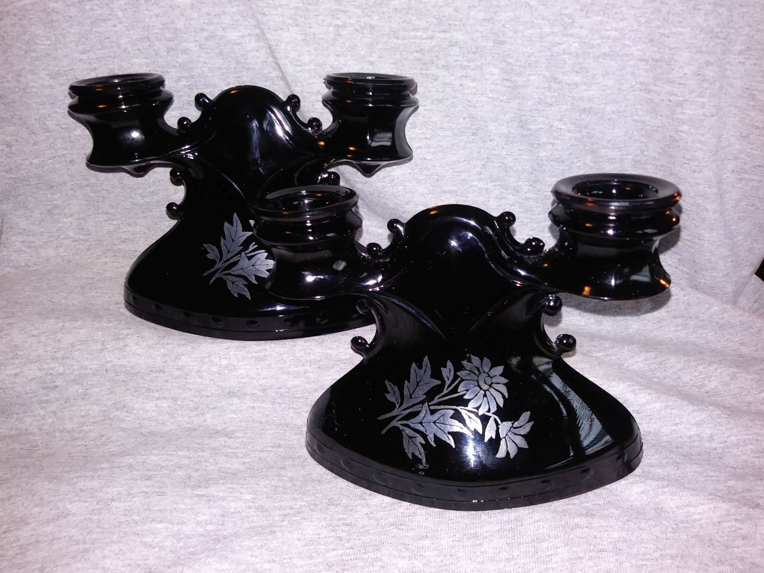LE Smith Vintage Black Glass Double Candle Holders