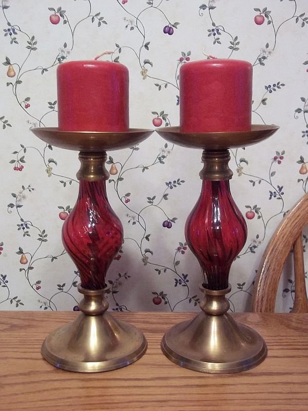 Brass Pillar Candlesticks w/ Red Glass Stems