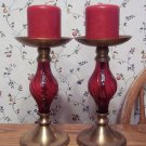 Brass Pillar Candlesticks w/ Red Glass Stems Brass Pillar Candlesticks w/ Red Glass Stems