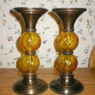 Brass Pillar Candle Holders w/ Amber Gold Glass Brass Pillar Candle Holders w/ Amber Gold Glass