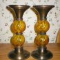 Brass Pillar Candle Holders w/ Amber Gold Glass