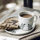 Vintage artistic handmade ceramic hand painted plants coffee cup and saucer set salad plate