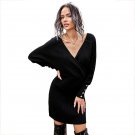 Black deep V sexy sweater bag hip dress