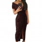 Fashion women's new sexy split evening dress V-neck short-sleeved strapless sequin dress