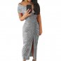 Fashion women's new sexy split evening dress V-neck short-sleeved strapless sequin dress