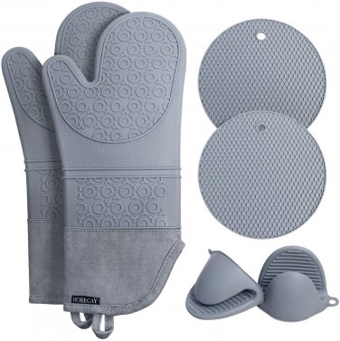 Rorecay Extra Long Oven Mitts and Pot Holders: Mini Oven Gloves & Hot Pads. Gray, 6pc