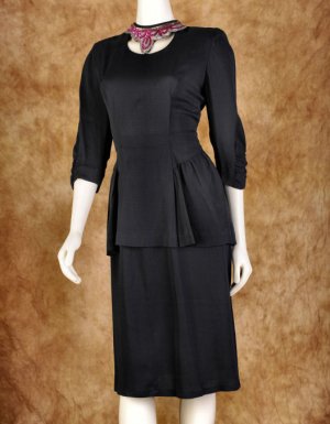 1940s Black Crepe Sequin Marlene Cocktail Dress S Vintage