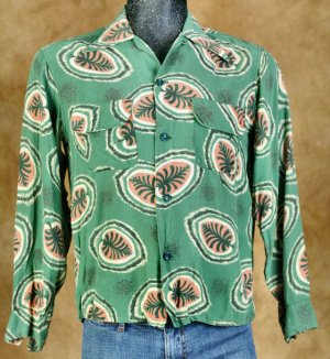 Vintage 40s Green Rayon Fronds LC Shirt Loop 15/33 M