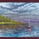 ORIGINAL pastel drawing / landscape painting, sea, nature art, blue landscape, montains