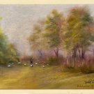 ORIGINAL pastel drawing / landscape painting, rural, nature art, countryside, autumn. house, road