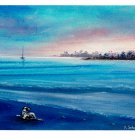 ORIGINAL pastel drawing Waiting / landscape painting, sea, nature art, blue landscape, montains