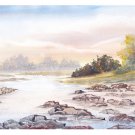Original watercolour painting. Landscape with river
