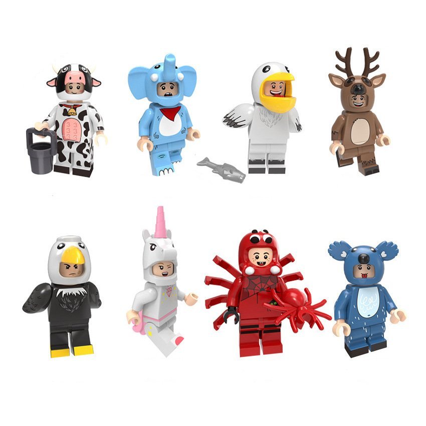 8pcs Animal Suit Unicorn Kaola Penguin Cow Deer Elephant Minifgures