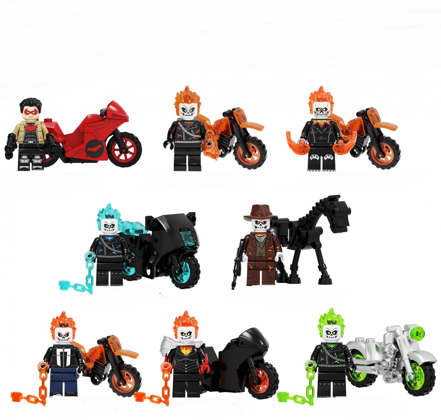 8pcs Ghost Rider Motorcycle Minifigures Fit Lego Super Heroes Sets