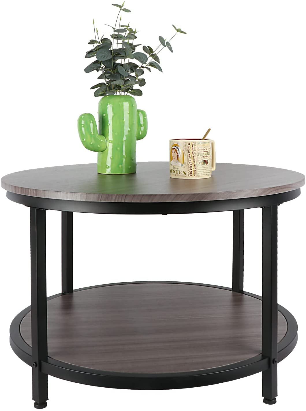 BIGTREE Round Coffee Table, Rustic Vintage Industrial Design 2-Tier Sofa Table