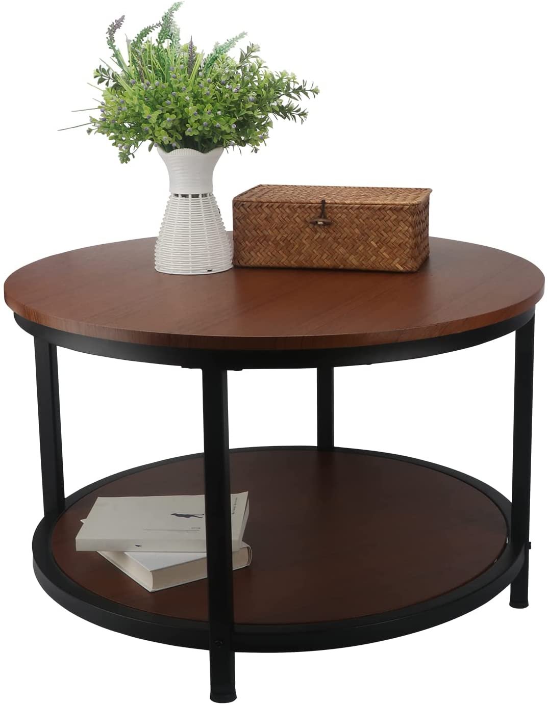 BIGTREE Round Coffee Table Rustic Vintage Design Furniture Cocktail Table Brown