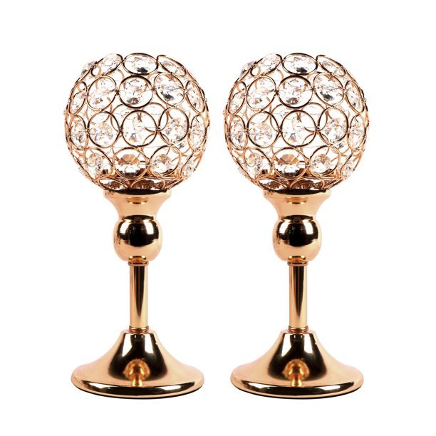 BIGTREE Crystal Sphere Candle Holder Set Of 2 For Anniversary Celebration Gold 9.8"