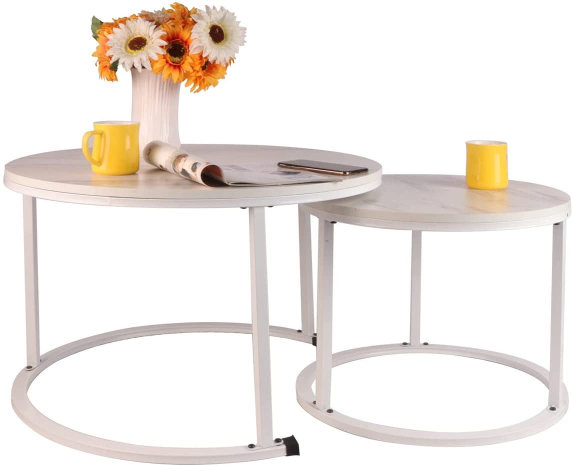 BIGTREE Modern Nesting Coffee Table Set of 2,Waterproof Faux Marble Wood Top & Metal Frame